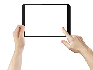 young man hands using tablet pc with blank screen