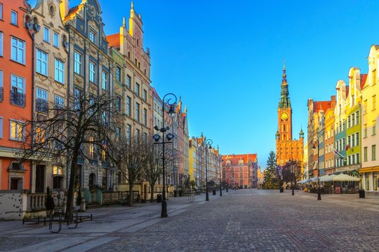 Morning view of Long Lane street in Polish Gdansk during Christmas time