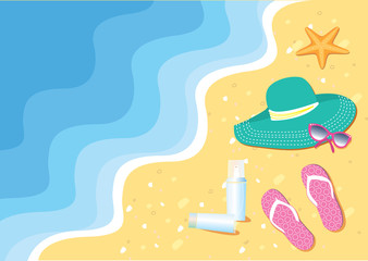 Naklejka premium Beach with sea shells and flip-flops and accessories for swim