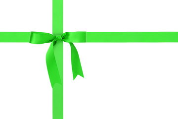 green ribbon cross with bow with tails isolated on white