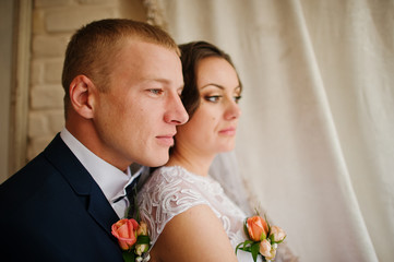 wedding couple at vintage cafe at autumn day