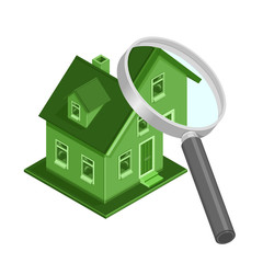 Isometric Eco Friendly House inspection - A vector illustration of an ECO friendly home being examined with a magnifying glass.