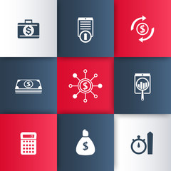 finance, investments, fund icons on geometric background