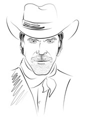 Vector portrait of cowboy on white.Strong man in cowboy hat