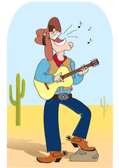 Singing cowboy .Vector comic cartoons man in hat and play a guit