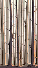 Vertical illustration of cartoon forest with mountains.