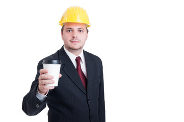 Contractor, engineer or architect having a coffee cup break