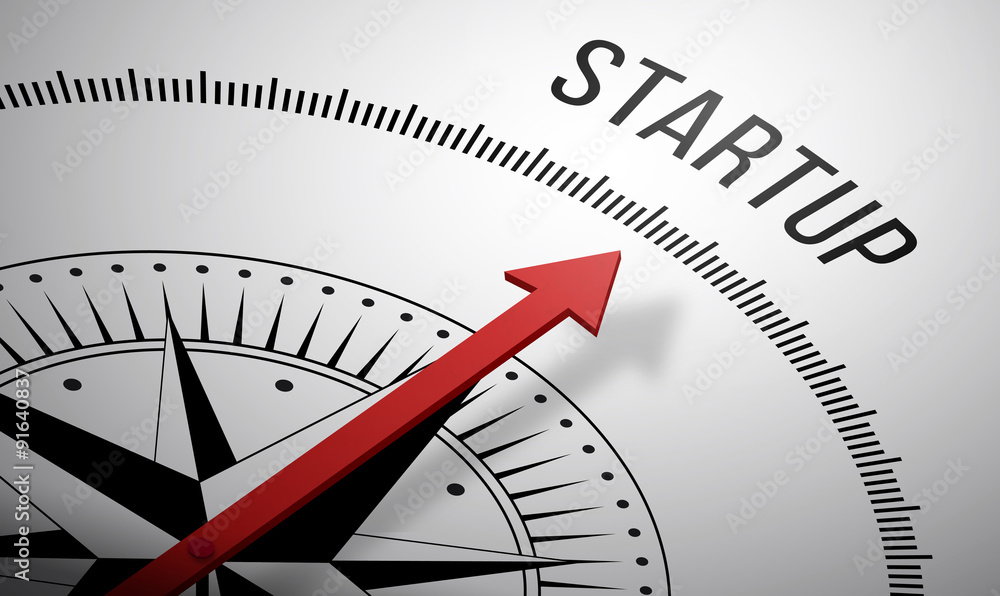 Poster 3d rendering of a compass with a startup icon.
