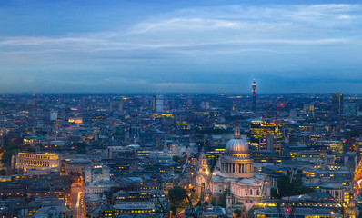 Fototapeta na wymiar London at sunset, panoramic view with lights
