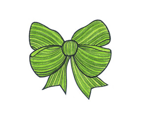 Graphic bow. Drawing color pencils. Green.
