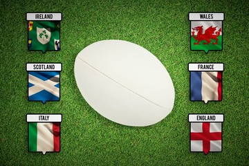 Composite image of close-up of rugby ball