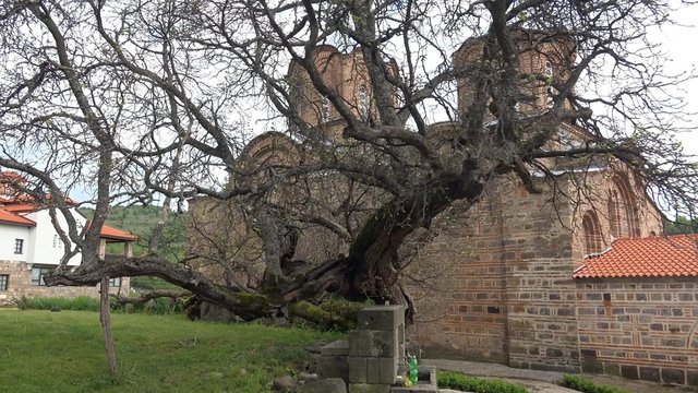 Walk POV to old monastery and ancient church complex in Lesnovo, Macedonia. UHD 4K steadycam stock footage