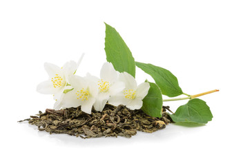 jasmine tea with jasmine flowers on white