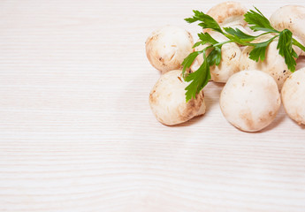 Food background of fresh mushrooms at the wooden board with copy space