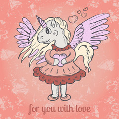 Cute Pegasus clothing to give love. Vintage style. Vector illustration. Gift card.