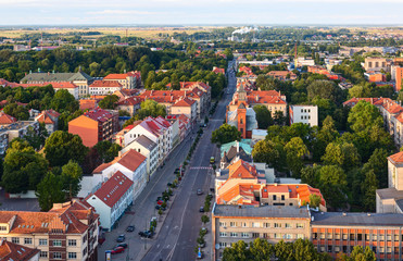 Obraz premium Aerial view of the Old town district. Klaipeda city in the evening time. Klaipeda, Lithuania.