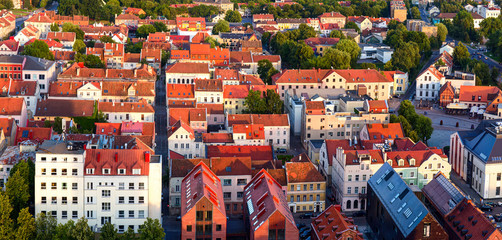 Aerial view of the Old town district. Klaipeda city in the evening time. Klaipeda, Lithuania. - obrazy, fototapety, plakaty