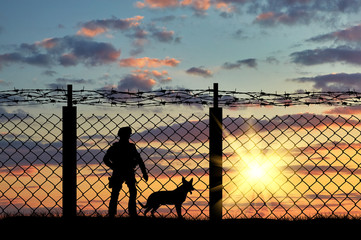 Silhouette of a soldier and a dog