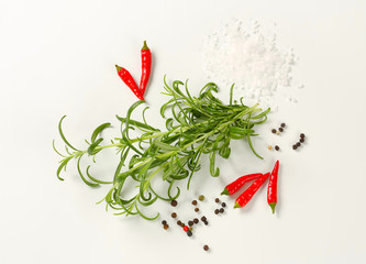 Rosemary, peppercorns and red chili peppers