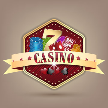 Casino vector illustration with ribbon, chips, dice, card and lucky seven symbol.