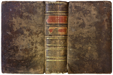Antique open book - worn brown leather cover with thick spine and abstract golden decorations -...