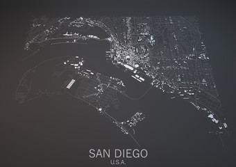 Fototapeta premium Cartina San Diego, vista satellitare, sezione 3d, Stati Uniti
