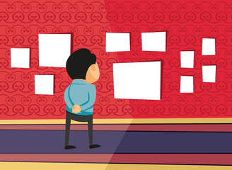 Man views the paintings in the art gallery. Business portfolio. Vector simple cartoon illustration.