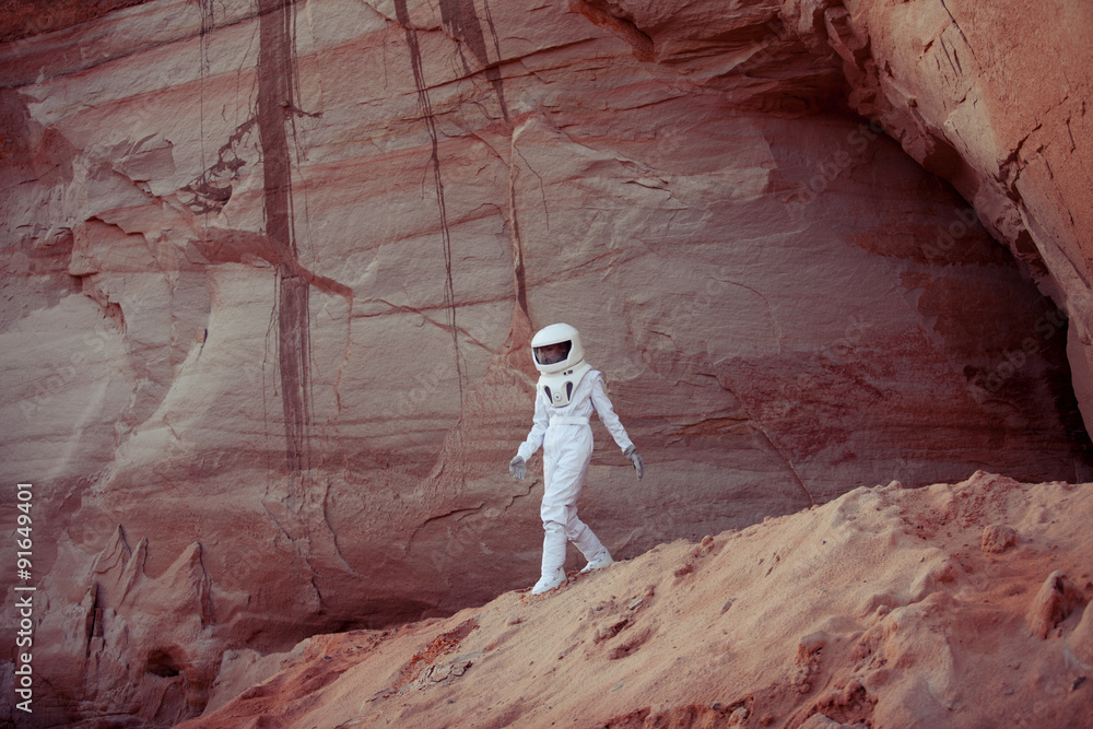 Sticker futuristic astronaut on another planet, image with the effect of