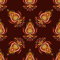 Orange hand drawn oriental seamless pattern on maroon background