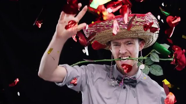 Cowboy man dancing with red rose valentines day slow motion party photo booth 