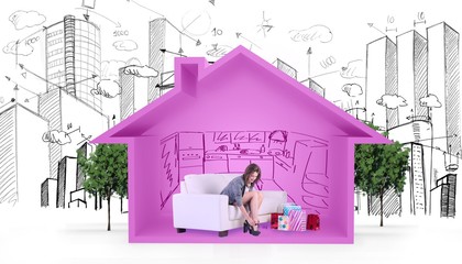 Composite image of cute woman sitting on couch 