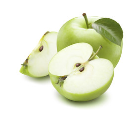 Green apple whole half quarter isolated on white background