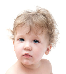 portrait of a young child with curly hair on white background