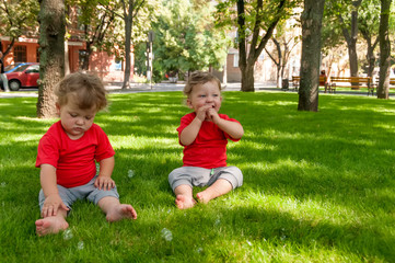 Naklejka na ściany i meble children twins play on the grass with soap bubbles
