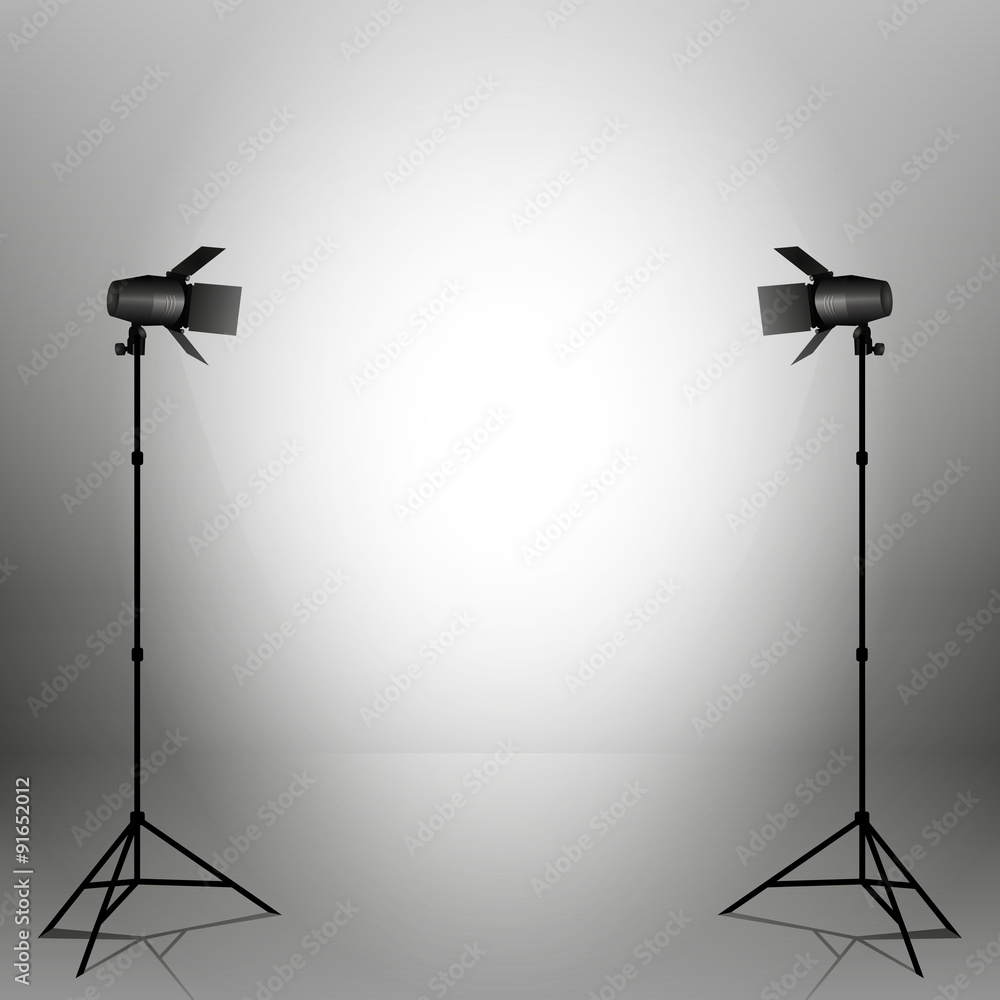 Poster empty photo studio with spotlights. vector illustration. grey backdrop.