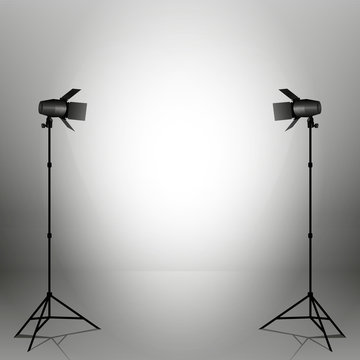 Empty photo studio with spotlights. Vector illustration. Grey backdrop.