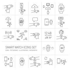 Vector smart watch linear icons set with hand gestures and picto - 91653229