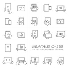 Vector linear tablet icons set with hand gestures and pictograms
