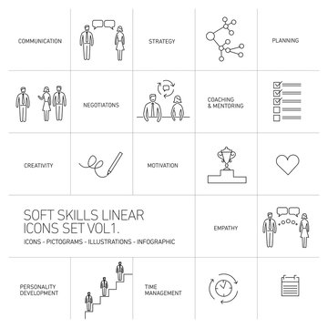 Soft skills vector linear icons and pictograms set black 