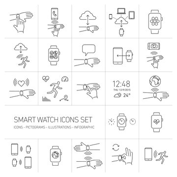 Vector smart watch linear icons set with hand gestures and picto
