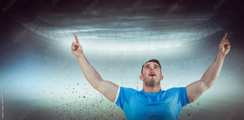 Poster composite image of rugby player cheering and pointing