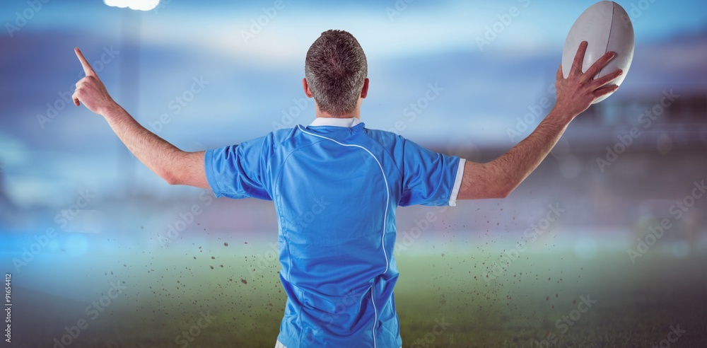 Poster composite image of rugby player gesturing with hands