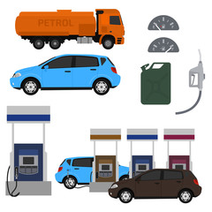 Petrol station set vector design. Flat illustration with cars. Fuel canister.