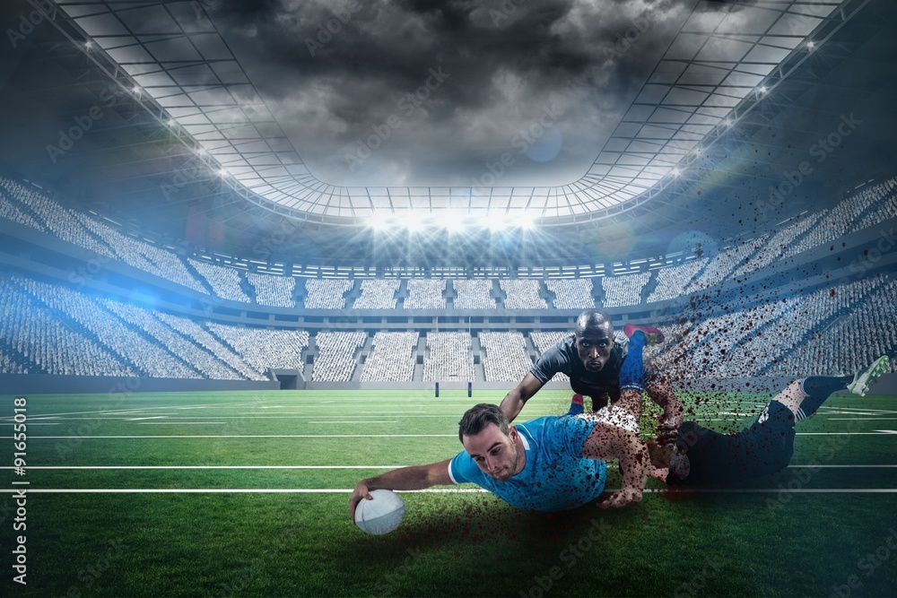 Poster composite image of a rugby player scoring a try