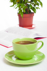 Cup of tea, open book and indoor plant. Concept of reading, stud
