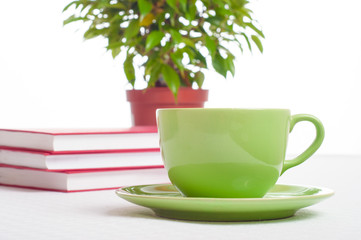 Cup of tea, books stack and indoor plant. Concept of reading, st