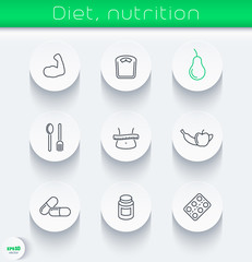 Diet, nutrition line round icons pack