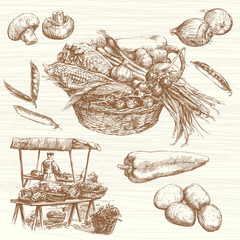 Vegetables at a farmers market, hand drawn set