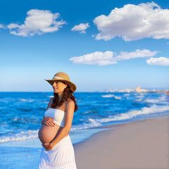Fototapeta na wymiar Beautiful pregnant woman on the beach with hat