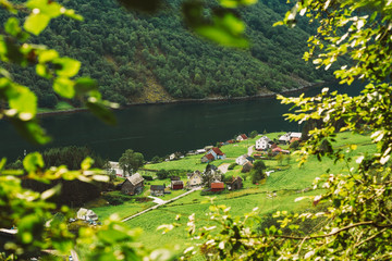 Scandinavian houses on shore of the narrowest fjord in Norway - 